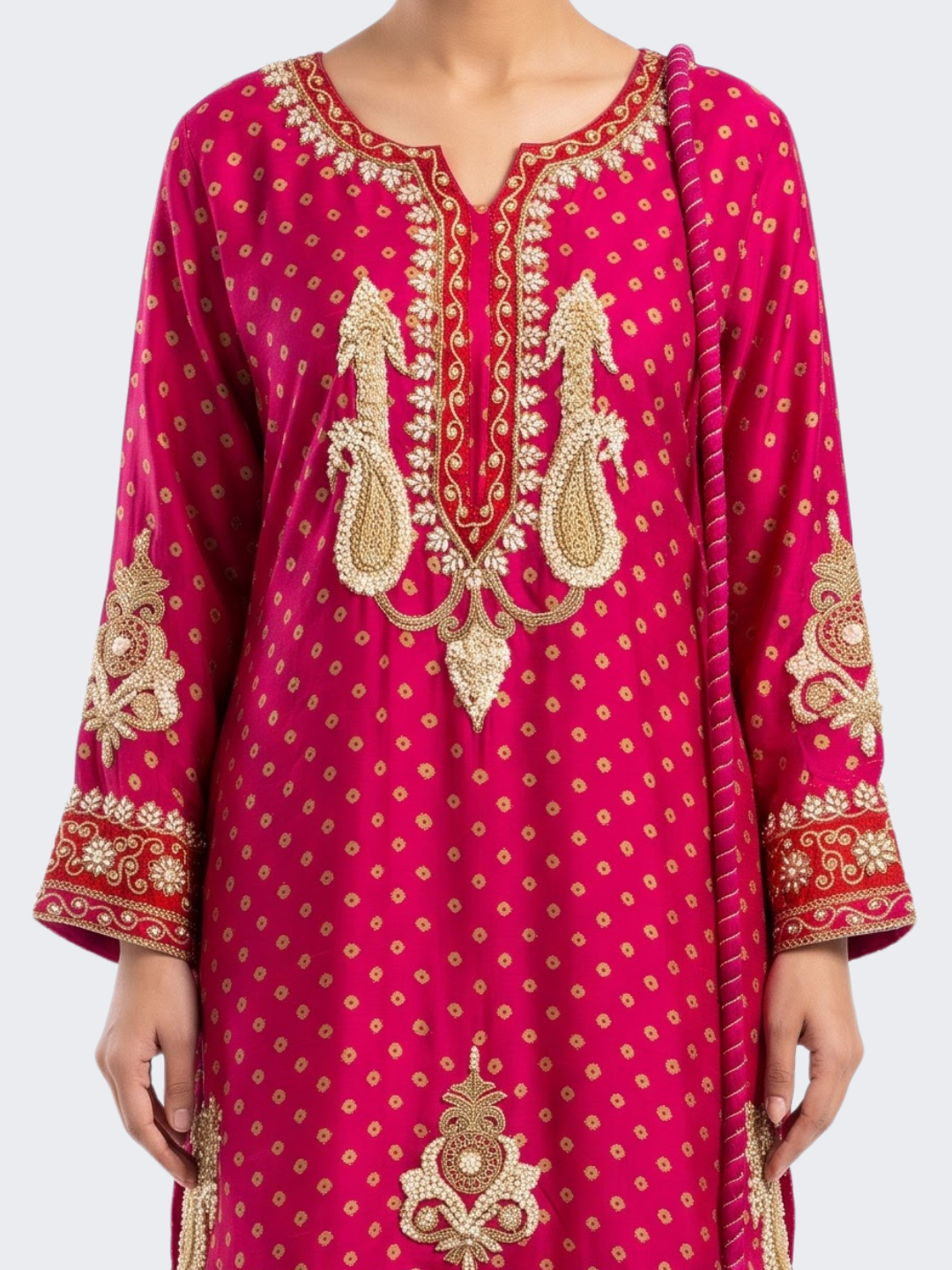 Pink Raw Silk Shirt, Palazzo And Dupatta with Cutdana, Pearl and French Knot Embroidery 5